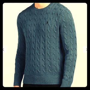 Blue Heather Crew Neck Cable Knit Silk Sweater